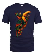 Tropical Toucan Bird Jungle Art Graphic Tshirt Colorful Nature - navy t-shirt on white background