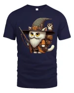 Wizard Cat Adventurer Fantasy Art Graphic Tshirt Cute Magic - navy t-shirt on white background