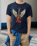 Angel Wing Electric Guitar Rock Art Graphic Tshirt Music Soul - model wearing navy tee with hands in pockets