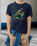 Ferocious Crocodile Burst Wall Art Graphic Tshirt Wild Power - model wearing navy tee with hands in pockets