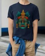 Ancient Tribal Mask Symbol Art Graphic Tshirt Mystic Culture - model wearing navy tee with hands in pockets