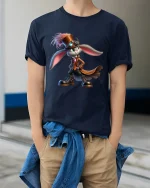 Steampunk Rabbit Adventurer Fantasy Art Graphic Tshirt Whimsy - model wearing navy tee with hands in pockets