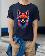 Neon Fox with Headphones Music Art Graphic Tshirt Cool Vibes - model wearing navy tee with hands in pockets