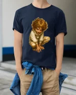 Creepy Vintage Clown Child Art Graphic Tshirt Dark Humor - model wearing navy tee with hands in pockets