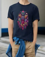 Psychedelic Horror Skull Monster Art Graphic Tshirt Neon Chaos - model wearing navy tee with hands in pockets