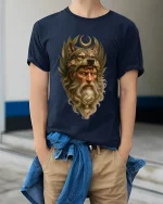 Mystic Wolf King Elder Warrior Art Graphic Tshirt Ancient Power - model wearing navy tee with hands in pockets