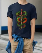 Mythic Serpent Sword Rune Art Graphic Tshirt Dark Fantasy Power - model wearing navy tee with hands in pockets