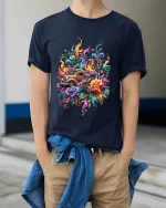 Psychedelic Vintage Truck Floral Explosion Graphic Tshirt Art - model wearing navy tee with hands in pockets