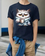 Sleepy Owl Coffee Mood Graphic Tshirt Cute Morning Vibes - model wearing navy tee with hands in pockets