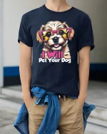 I Will Pet Your Dog Cute Sunglasses Puppy Graphic Tshirt Fun - model wearing navy tee with hands in pockets