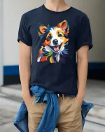 Colorful Happy Dog Art Illustration Graphic Tshirt Joy - model wearing navy tee with hands in pockets