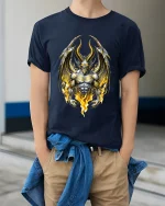 Infernal Demon Lord Fire Wing Dark Fantasy Graphic Tshirt Power - model wearing navy tee with hands in pockets