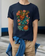 Japanese Oni Mask Samurai Spirit Art Graphic Tshirt Bold Luck - model wearing navy tee with hands in pockets