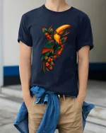 Tropical Toucan Bird Jungle Art Graphic Tshirt Colorful Nature - model wearing navy tee with hands in pockets