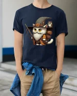 Wizard Cat Adventurer Fantasy Art Graphic Tshirt Cute Magic - model wearing navy tee with hands in pockets