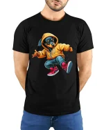 Cool Dancing Dachshund Street Style Graphic Tshirt Fun Vibes - model wearing black tee with hands behind back