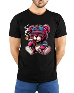 Cool Hip Hop Teddy Bear Street Style Graphic Tshirt Funny Vibes - model wearing black tee with hands behind back