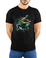 Ferocious Crocodile Burst Wall Art Graphic Tshirt Wild Power - model wearing black tee with hands behind back