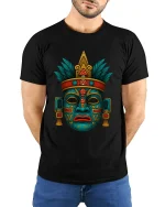 Ancient Tribal Mask Symbol Art Graphic Tshirt Mystic Culture - model wearing black tee with hands behind back