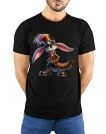 Steampunk Rabbit Adventurer Fantasy Art Graphic Tshirt Whimsy - model wearing black tee with hands behind back