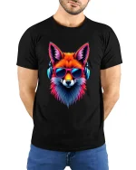 Neon Fox with Headphones Music Art Graphic Tshirt Cool Vibes - model wearing black tee with hands behind back