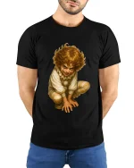 Creepy Vintage Clown Child Art Graphic Tshirt Dark Humor - model wearing black tee with hands behind back