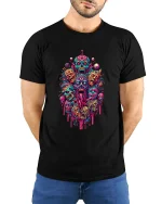 Psychedelic Horror Skull Monster Art Graphic Tshirt Neon Chaos - model wearing black tee with hands behind back