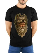 Mystic Wolf King Elder Warrior Art Graphic Tshirt Ancient Power - model wearing black tee with hands behind back