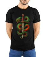 Mythic Serpent Sword Rune Art Graphic Tshirt Dark Fantasy Power - model wearing black tee with hands behind back