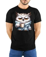 Sleepy Owl Coffee Mood Graphic Tshirt Cute Morning Vibes - model wearing black tee with hands behind back