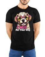 I Will Pet Your Dog Cute Sunglasses Puppy Graphic Tshirt Fun - model wearing black tee with hands behind back