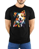 Colorful Happy Dog Art Illustration Graphic Tshirt Joy - model wearing black tee with hands behind back