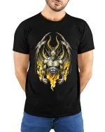 Infernal Demon Lord Fire Wing Dark Fantasy Graphic Tshirt Power - model wearing black tee with hands behind back