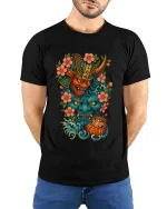 Japanese Oni Mask Samurai Spirit Art Graphic Tshirt Bold Luck - model wearing black tee with hands behind back