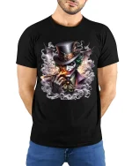 Dark Grinning Clown Smoke Art Graphic Tshirt Twisted Style - model wearing black tee with hands behind back
