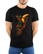 Tropical Toucan Bird Jungle Art Graphic Tshirt Colorful Nature - model wearing black tee with hands behind back