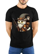 Wizard Cat Adventurer Fantasy Art Graphic Tshirt Cute Magic - model wearing black tee with hands behind back