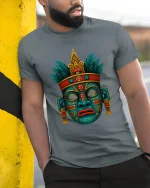 Ancient Tribal Mask Symbol Art Graphic Tshirt Mystic Culture - model wearing grey tee, leaning on column
