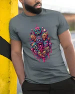 Psychedelic Horror Skull Monster Art Graphic Tshirt Neon Chaos - model wearing grey tee, leaning on column