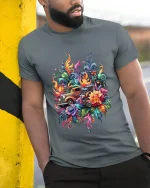 Psychedelic Vintage Truck Floral Explosion Graphic Tshirt Art - model wearing grey tee, leaning on column