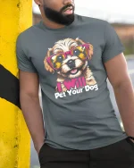 I Will Pet Your Dog Cute Sunglasses Puppy Graphic Tshirt Fun - model wearing grey tee, leaning on column