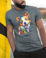 Colorful Happy Dog Art Illustration Graphic Tshirt Joy - model wearing grey tee, leaning on column