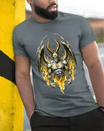 Infernal Demon Lord Fire Wing Dark Fantasy Graphic Tshirt Power - model wearing grey tee, leaning on column