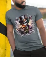Dark Grinning Clown Smoke Art Graphic Tshirt Twisted Style - model wearing grey tee, leaning on column