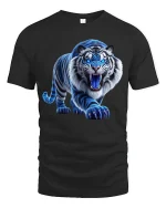 Fierce Blue Tiger Roaring Art T Shirt With Powerful Energy - black t-shirt on white background
