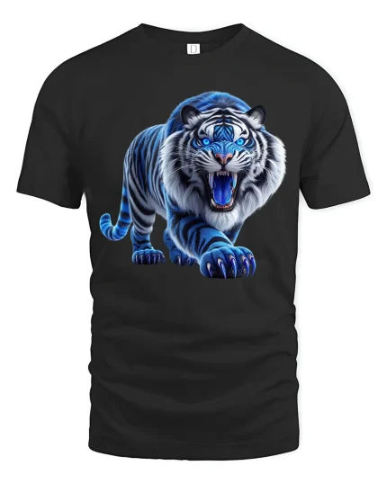 Fierce Blue Tiger Roaring Art T Shirt With Powerful Energy - black t-shirt on white background