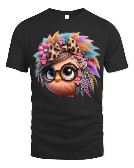 Cute Boho Owl With Glasses Art T Shirt Colorful Free Spirit - black t-shirt on white background