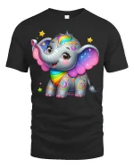 Cute Rainbow Elephant Art T Shirt With Magical Happy Vibes - black t-shirt on white background