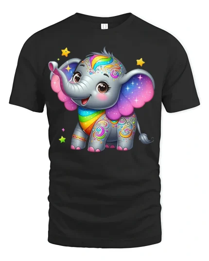 Cute Rainbow Elephant Art T Shirt With Magical Happy Vibes - black t-shirt on white background
