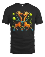 Funny Giraffes Playing Tennis Art T Shirt With Sporty Joy - black t-shirt on white background